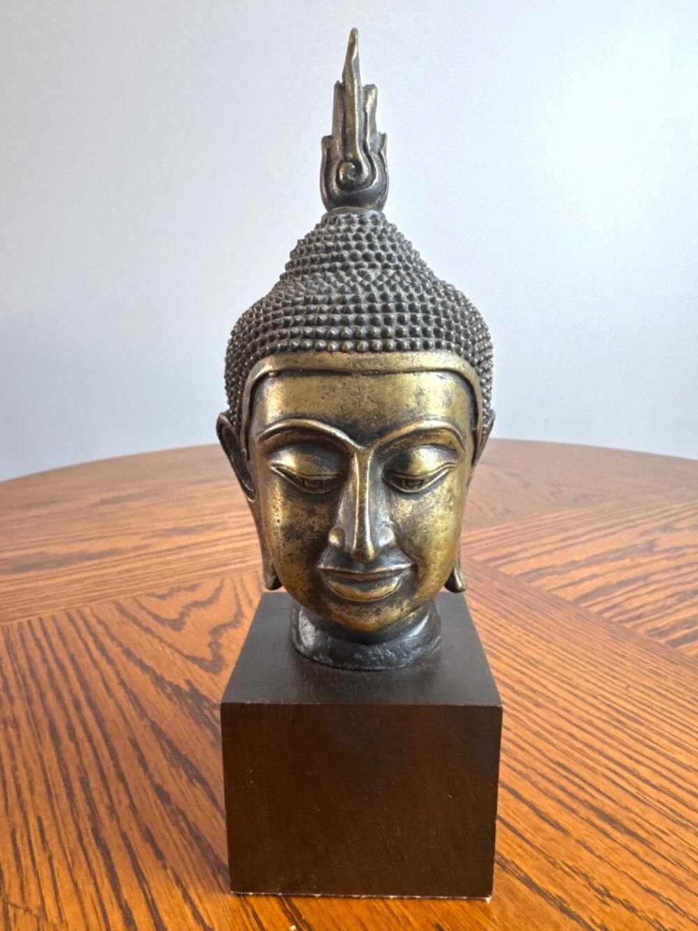 Thai Bronze Buddha Head Statue on Base Figure 8"